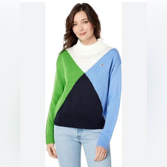 Tommy Hilfiger Ivory/Green/Blue Multi Diamond Argyle Print Mock Neck Sweater XL - Picture 1 of 11